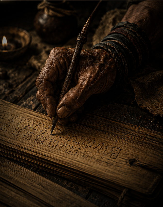 A hand inscribing an ancient wooden manuscript in warm firelight