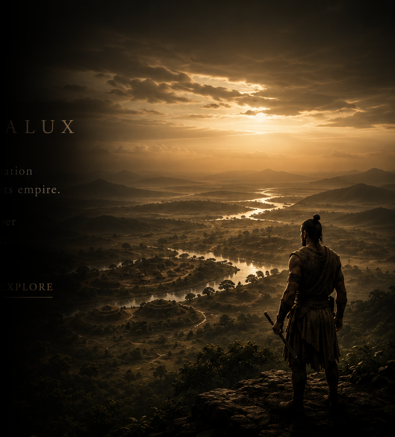 A Khmer warrior overlooking a river civilization at first light