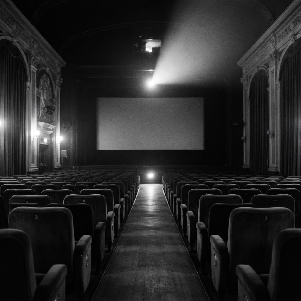 An elegant empty cinema auditorium lit by a single projector beam