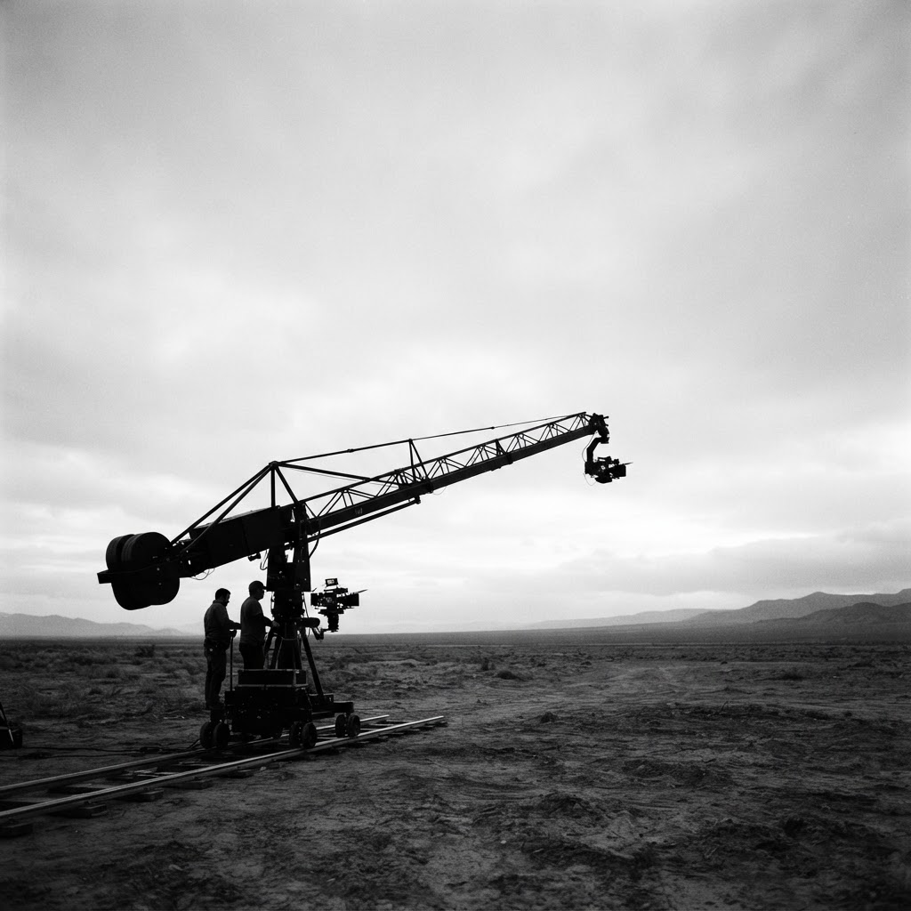 A film camera crane against a bright overcast sky on an empty location set