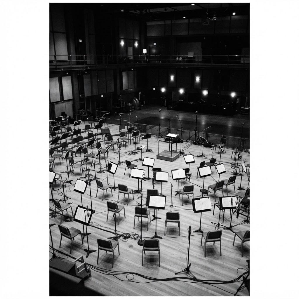 An orchestra recording session viewed from above